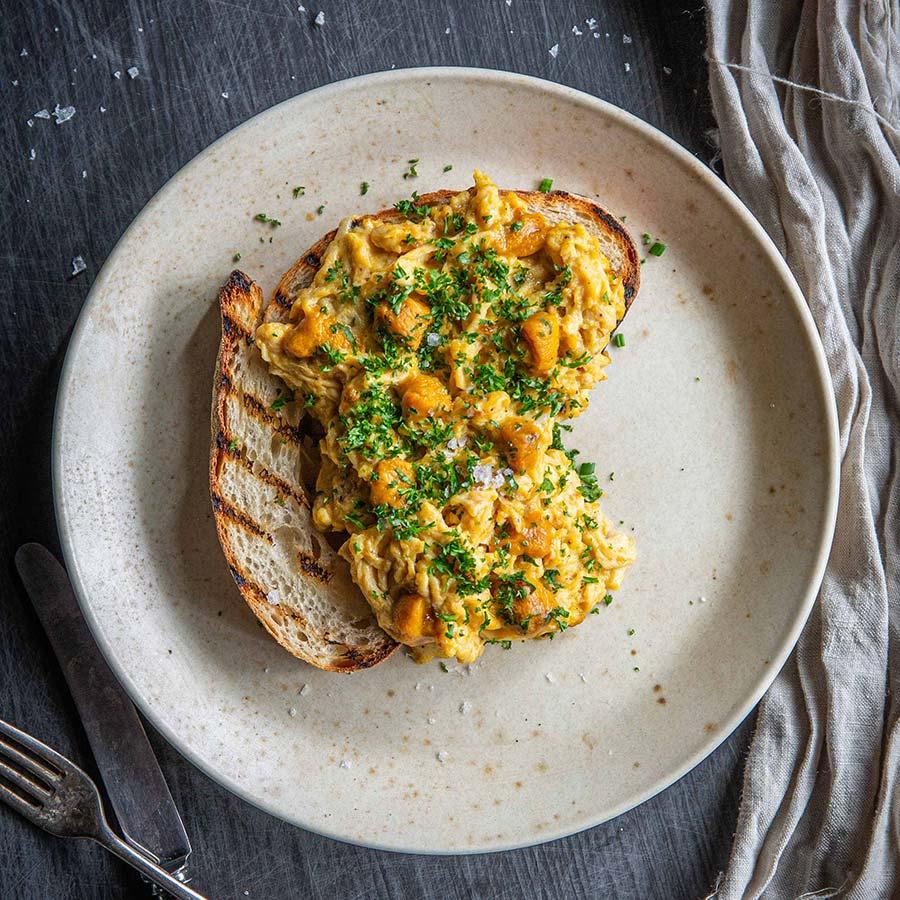 Creamy Herb Scrambled Eggs on Toasted Brioche